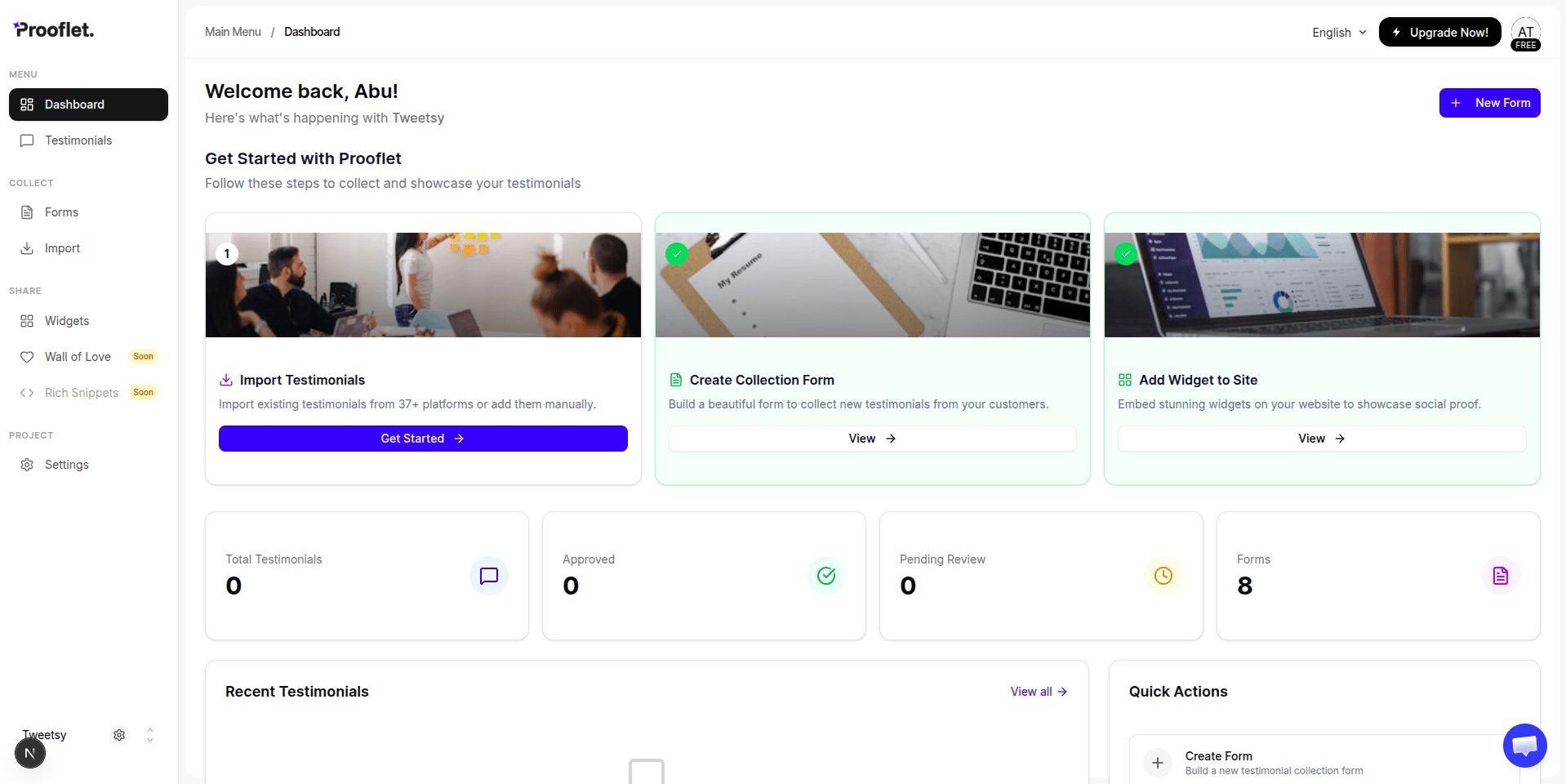 Elfsight alternative - Prooflet dashboard