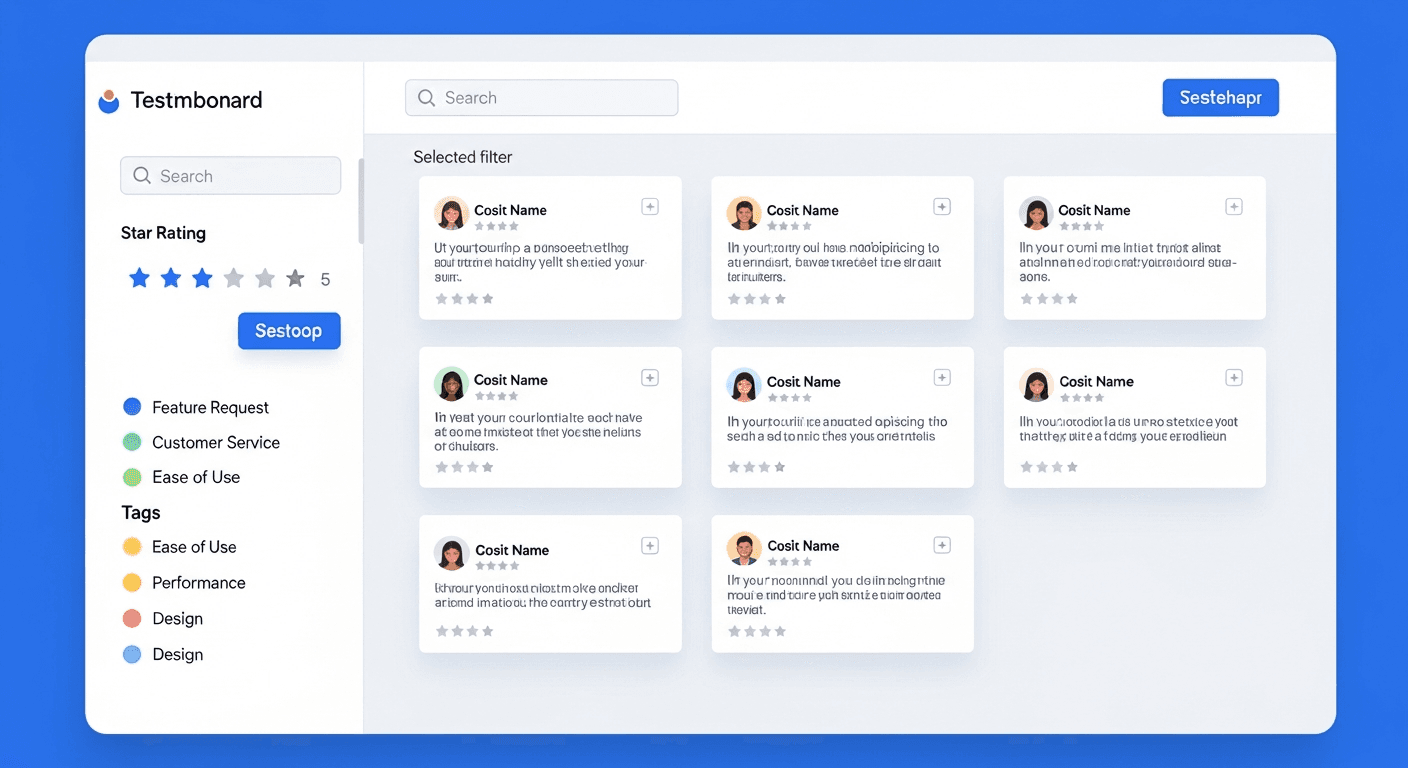Testimonial management dashboard with filters and search