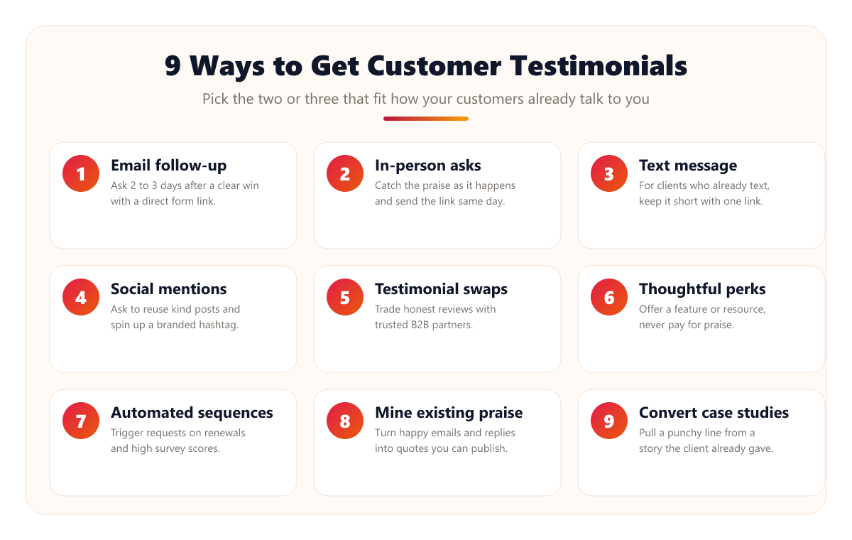 Nine ways to get customer testimonials: email follow-up, in-person asks, text messages, social mentions, testimonial swaps, thoughtful perks, automated sequences, mining existing praise, and converting case studies